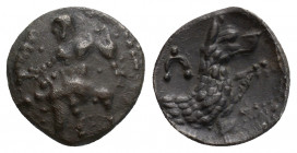 Greek
LYCAONIA, Laranda. (Circa 324/3 BC).
Obol Silver (9.9 mm 0.54 g)
Baaltars seated left, holding grain ear, grape bunch, and scepter / Forepart of...