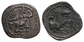 Greek
LYCAONIA, Laranda. (Circa 324/3 BC).
Obol Silver (13.5mm 0.52g)
Baaltars seated left, holding grain ear, grape bunch, and scepter / Forepart of ...