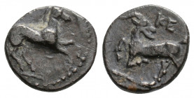 Greek
CILICIA. Kelenderis. (circa 3rd century BC).
Obol Silver (10mm 0.77g)
Horse prancing right. / KE. Goat kneeling left, head right.
SNG France 116...