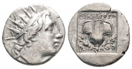Greek
CARIA. Rhodes. (Circa 88-84 BC) 
Drachm Silver (14.5mm 2.24g)
Nikephoros, magistrate. Radiate head of Helios right / Rose with bud to right; han...