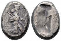 Greek
PERSIA, Achaemenid Empire. (Circa 420-375 BC.)
Siglos Silver (17.6mm 5.3g)
Persian king or hero in kneeling/running stance right, holding transv...