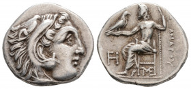 Greek
MACEDONIAN KINGDOM, Lampsacos. Alexander III (circa336-323 BC).
Drachm Silver (17.9mm 4.22g)
Head of Heracles right, wearing lion skin headdress...