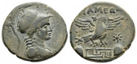 Greek
Phrygia, Apameia (Circa 88-40 BC). Uncertain magistrate.
AE Bronze (22mm 5.67g)
Helmeted bust of Athena right, wearing aegis / Eagle landing rig...