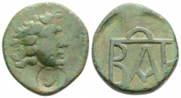 Greek
Kingdom of Bosporos, Polemo I (Circa 15-7 BC).
AE Bronze (23.2mm 8.15g)
Winged and draped head of Perseus right; uncertain c/m on neck / Monogra...