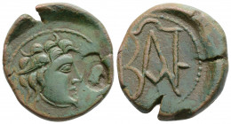 Greek
KINGS OF BOSPOROS. Polemo I, (circa 14/3-10/9 BC).
AE Bronze (24.1mm 9.21g)
Draped bust of Perseus to right, wearing winged helmet; in field to ...