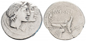 Roman Republic
Mn. Fonteius. (circa 108-107 BC).Rome mint.
Denarius Silver (19.9mm 3.69g)
Obv: Jugate, laureate heads of the Dioscuri right; mark of v...