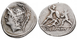 Roman Republic
Q. THERMUS M. F. (103 BC). Rome.
Denarius Silver (19.8mm 3.86g)
Obv: Head of Mars left, wearing crested helmet, ornamented with plume a...