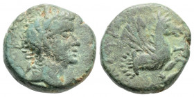Roman Provincial
Tiberiusof Lampsacus, Mysia. (14-37 AD).
AE Bronze (15.6mm 4.22g)
CЄBAC, laureate head to right / ΛΑΜΨΑΚH, forepart of Pegasos to rig...