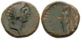 Roman Provincial
CARIA, Rhodes. (circa 1th AD).
AE Bronze (18.1mm 3.53g)
Obv: Radiate head of Helios, r.
Rev: Athena Nikephoros with shield and spear
...
