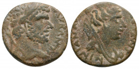 Roman Provincial
MESOPOTAMIA. Carrhae. Caracalla (198-217 AD).
AE Bronze (17.9mm 3.42g)
Obv: M AVR ANTONINV F VA. Laureate head right. 
Rev: COI MET A...