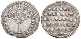 Byzantine
Nicephorus II Phocas, (963-969 AD). Constantinopolis.
Miliaresion Silver (22.4mm 2.48g)
Obv: +IҺSЧS XRISTЧS ҺICA✱ Cross crosslet set upon gl...