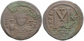 Byzantine
Justinian I, (527-565 AD). Constantinopolis, RY 12 = 538/9.
AE Follis (40.8mm 20.55g)
Obv: D N IVSTINIANVS P P AVI Helmeted and cuirassed bu...