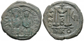 Byzantine
Justin II. (565-578 AD). Nicomedia mint
AE Follis (29.6mm 13.64g)
Obv: Justin on left, Sophia on right, seated facing on double-throne, both...