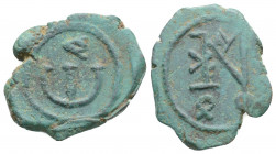 Byzantine
Justin II (565-578 AD). Constantinopolis.
AE Pentanummium (17.8mm 1.82g)
Obv: Monogram of Justin II. 
Rev: Large Є; in field to right, A. 
D...