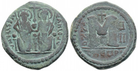 Byzantine
Justin II (565-578).Theoupolis mint.
AE Follis (31.1 mm 14.7 g)
Obv: Justin and Sophia enthroned facing, each holding a long sceptre, they h...