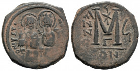 Byzantine
Justin II. (565-578 AD) Constantinople mint, regnal ( year 6 = 570/1. AD)
AE Follis (30.9mm 14.87g)
Obv: D N IVSTI - NVS P P AV, Justin, on ...