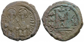 Byzantine
JUSTIN II. 565-578 AD. Constantinople mint. (Dated year 7=571/572 AD).
AE Follis (29.2mm 12.82g)
Obv: D N IVSTI-NVS P P AVG, Justin and Soph...