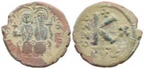 Byzantine
Justin II, with Sophia, (565-578 AD). Kyzikos, RY 10 = 574/5.
Half AE Follis (23.7mm 5.83g)
Obv: D N IVSTINVS P P AVG Justin II, holding glo...