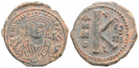 Byzantine
Maurice Tiberius, (582-602 AD). Theoupolis (Antiochia), RY 9 = 590/1.
AE Halffollis (24.6mm 6.63g)
Obv: D m TIЧ COTAN P P' Crowned facing bu...