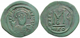 Byzantine
Maurice Tiberius (582-602 AD). Dated RY 6= 587/8 AD. Nikomedia
AE Follis (34.1mm 12.02g)
Obv: Helmeted and cuirassed bust facing, holding gl...