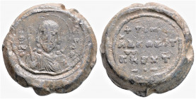 Byzantine Lead Seal (11-12 th century)
Obv: Facing bust of St. facing, holding spear and shield
Rev: Inscription in three lines. Some flan faults, oth...