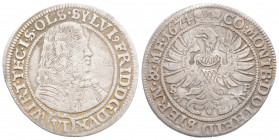 Medieval
GERMANY. Silesia-Württemberg-Öls. Sylvius Friedrich (1668-1697). 6 Kreuzer (1674 S-P).
Silver (25.2mm 2.83g)
Obv: SYLVI FRID D G DVX WIRT TFC...