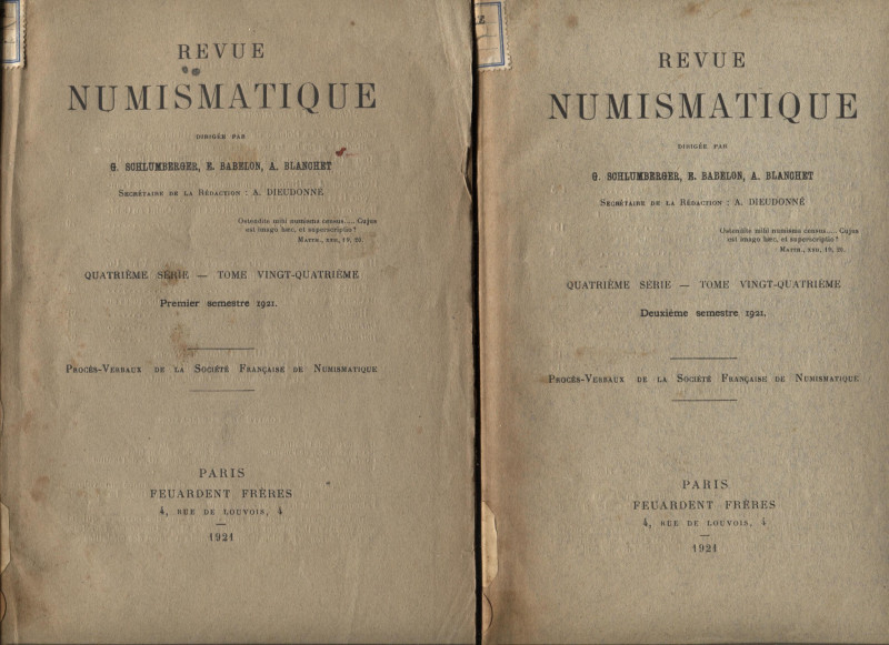 A.A.V.V. Revue Numismatique. Paris, 1921. 2 fascicoli, completo. Pp. 228 + L, ta...