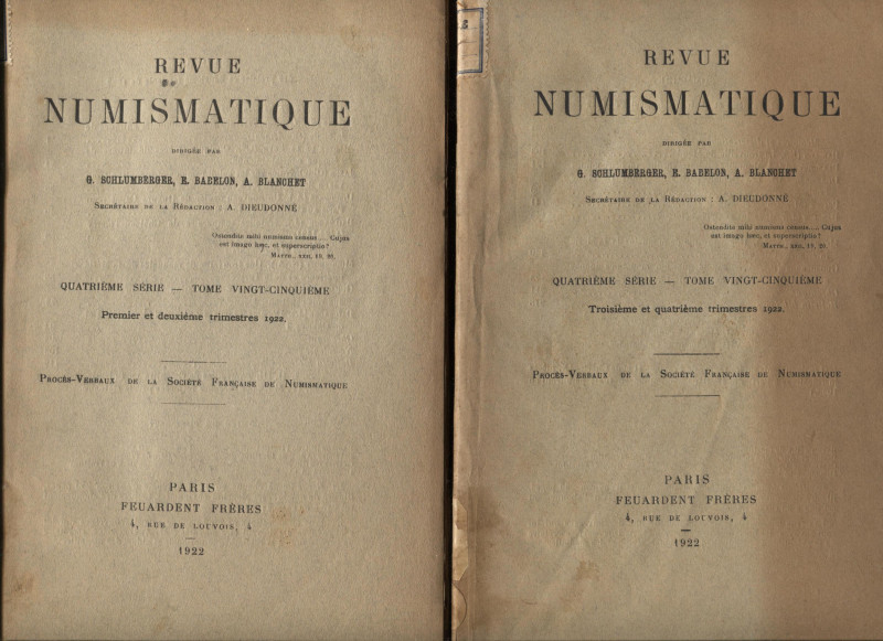 A.A.V.V. Revue Numismatique. Paris, 1922. 2 fascicoli, completo. Pp. 223 + LII, ...