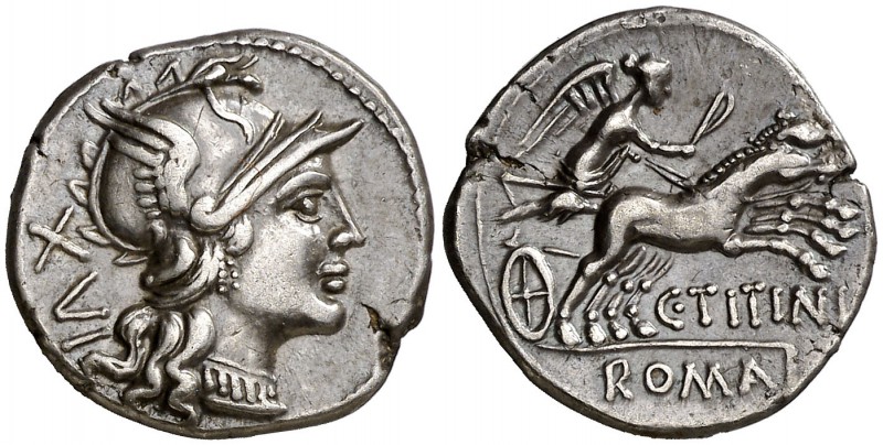 (hacia 141 a.C.). Gens Titinia. Denario. (Bab. 7) (Craw. 226/1). 3,88 g. Bella. ...