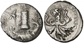 (42-40 a.C.). Sexto Pompeyo. Denario. (Spink 1393) (S. 2) (Craw. 511/4a). 3,67 g. Rara. MBC-.