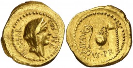 (46 a.C.). Julio César. Áureo. (Spink 1395) (Co. 2) (Craw. 466/1) (Calicó 36a). 8,02 g. Atractiva. EBC-.