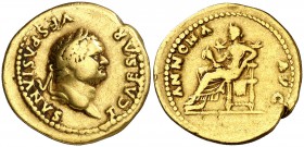 (78-79 d.C.). Tito. Áureo. (Spink 2414) (Co. 16) (RIC. 971, de Vespasiano) (Calicó 726). 7,02 g. Golpecitos en canto. MBC-.