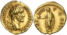 (155-156 d.C.). Antonino pío. Áureo. (Spink 4027 var) (Co. 995) (RIC. 256a) (Calicó 1673). 7,25 g. Bella. EBC.