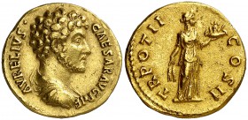 (147 d.C.). Marco Aurelio. Áureo. (Spink 4768 var) (Co. 610) (RIC. 440b) (Calicó 1926a). 7,03 g. MBC+.
