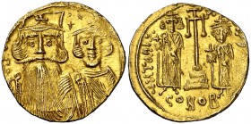 Constante II, Constantino IV, Heraclio y Tiberio (659-668). Constantinopla. Sólido. (Ratto 1605-1609) (S. 964). 4,40 g. Leyendas poco visibles. MBC+.