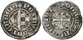Pere d'Aragó (1347-1408). Barcelona. Diner heràldic. (Cru.V.S. 135.2) (Cru.C.G. 1952b). 0,88 g. Leve grieta. Muy rara. (MBC+/MBC).