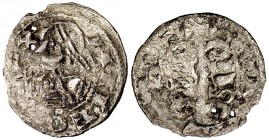 Alfons I (1162-1196). Aragón. Óbolo jaqués. (Cru.V.S. 299) (Cru.C.G. 2107). 0,32 g. Dos agujeritos y leve grieta en reverso. Rara. (MBC-).