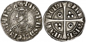 Jaume II (1291-1327). Barcelona. Croat. (Cru.V.S. 335) (Cru.C.G. 2152). 3,26 g. Busto ancho. Dos-cuatro-cuatro y dos anillos en el vestido. Rara. MBC.