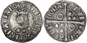 Alfons III (1327-1336). Barcelona. Croat. (Cru.V.S. 366) (Cru.C.G. 2184b). 3,05 g. Flores de seis pétalos en el vestido. Letras A sin travesaño. MBC....
