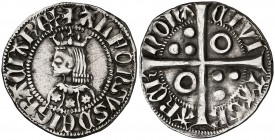 Alfons III (1327-1336). Barcelona. Croat. (Cru.V.S. 366.1) (Cru.C.G. 2184c). 3 g. Flores de seis pétalos en el vestido. Letras A sin travesaño. Rayita...