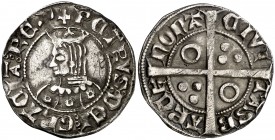 Pere III (1336-1387). Barcelona. Croat. (Cru.V.S. 402) (Cru.C.G. 2220b). 3 g. Flores de seis pétalos en el vestido. Letras A y V latinas. Rayitas. MBC...