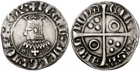 Pere III (1336-1387). Barcelona. Croat. (Cru.V.S. 408.1) (Cru.C.G. 2223). 3,23 g. Flores de 5 pétalos y cruz en el vestido. Letras góticas. MBC/MBC+....