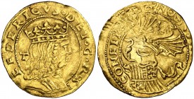 Frederic III de Nàpols (1496-1501). Nàpols. Ducat. (Cru.V.S. 1107) (Cru.C.G. 3524). 3,92 g. Sirvio como joya. Muy rara. (MBC-).