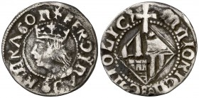 Ferran II (1479-1516). Mallorca. Mig ral. (Cru.V.S. 1181 var) (Cru.C.G. 3098 var). 1,01 g. Leyendas con A latinas y góticas combinadas. Buen ejemplar....