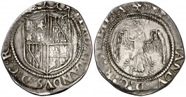 Ferran II (1479-1516). Sicília. Tarí. (Cru.V.S. 1245) (Cru.C.G. 3151). 2,89 g. Armas intercambiadas en 3er cuartel. MBC-.