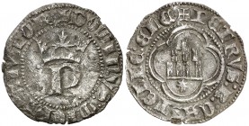 Pedro I (1350-1368). Coruña. Medio real. (AB. 383). 1,30 g. Leves grietas. Muy rara. (MBC/MBC+).