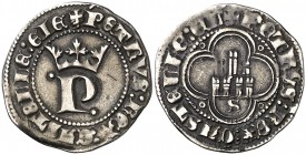 Pedro I (1350-1368). Sevilla. Medio real. (AB. 384.1 var). 1,72 g. Nombre del rey en anverso y reverso. La V de PETRVS, en reverso, rectificada sobre ...