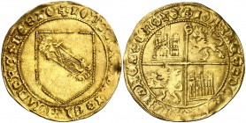 Juan II (1406-1454). Sevilla. Dobla de la banda. (AB. 617.1 var) (M.R. 16.7 var). 4,61 g. Punto en 2º y 4º cuartel. Leones coronados. Flan grande. MBC...