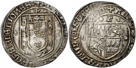 Alfonso V de Portugal (1465-1468). Oporto. Real. (AB. 869 var) (Gomes 39.01). 3,34 g. Ligera doble acuñación. Rayitas. Preciosa pátina. Muy rara. MBC....