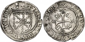 Fernando I (1512-1515). Navarra. Real. (Cru.V.S. 1317.19) (Cru.C.G. 3221d). 3,23 g. El adorno que inicia la leyenda del reverso esta en los ángulos de...